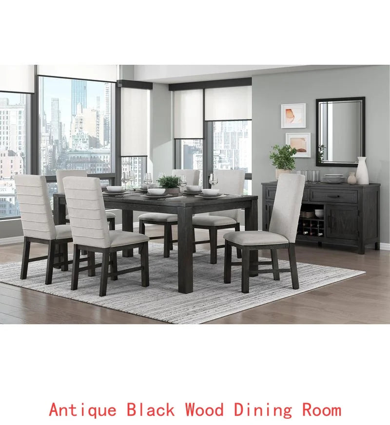 7-Piece Antique Black Dining Set with Table & 6 Gray Upholstered Chairs