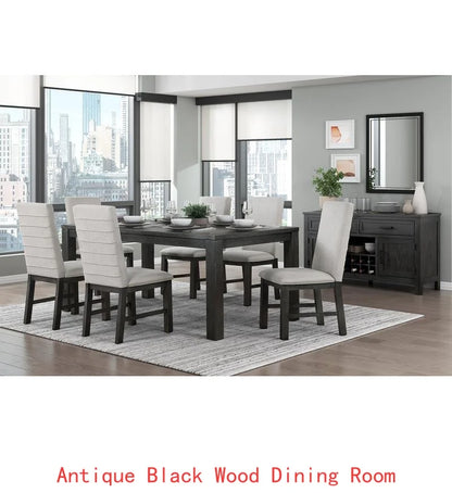 7-Piece Antique Black Dining Set with Table & 6 Gray Upholstered Chairs