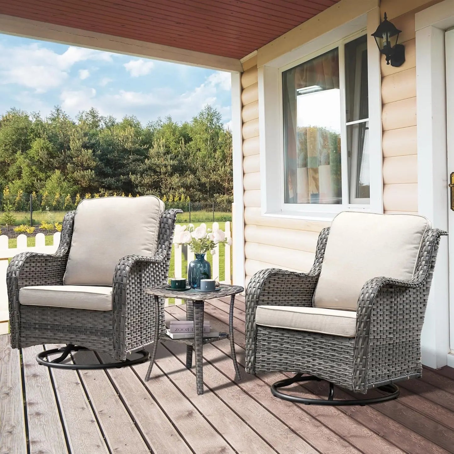 Luxury, Outdoor, Swivel Rocker Patio Chairs with Thick Cushions and Side Table,3 PCS High Back