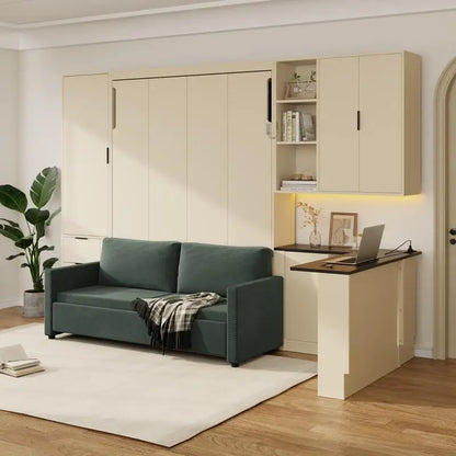 Queen Murphy Bed with Hydraulic, Storage, Sofa, Shelves & Drawers, LED/USB Lights, Beige Panel, Green Couch