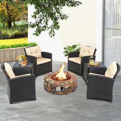 7PCS Patio Rattan Wicker Furniture Set Gas Fire Pit, Table, Sofa Cushion Chairs