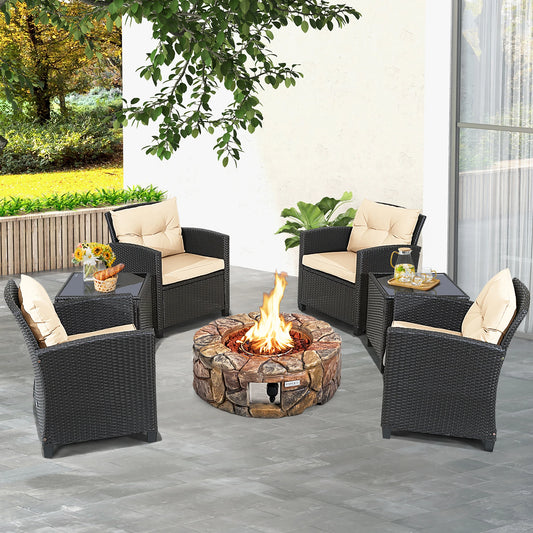 7PCS Patio Rattan Wicker Furniture Set Gas Fire Pit, Table, Sofa Cushion Chairs