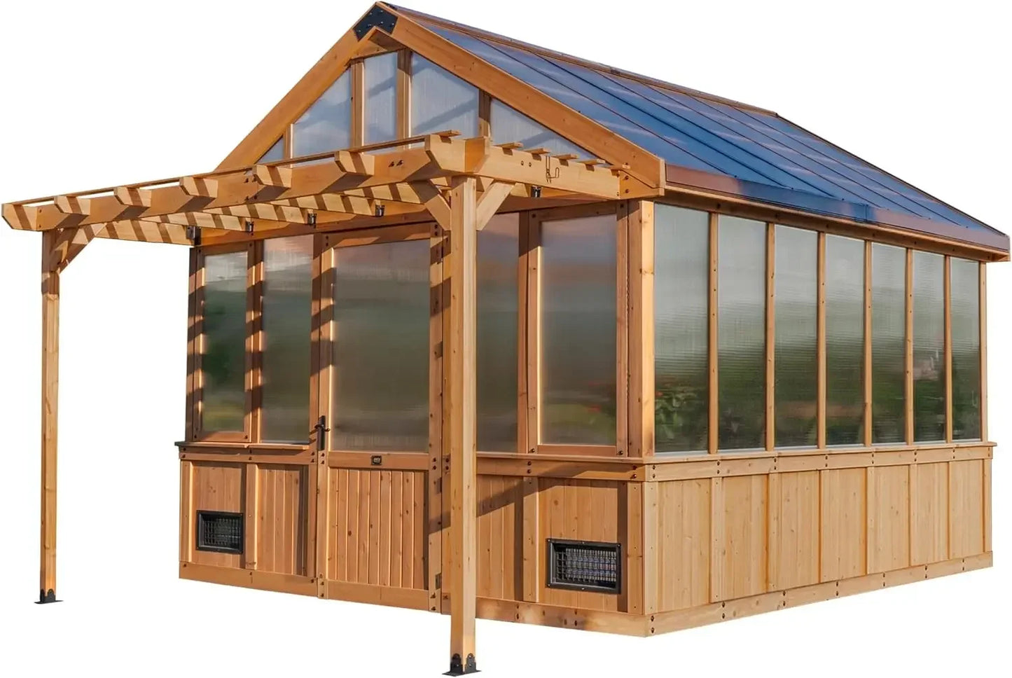 XL 13' x 11' Cedar Wood and Polycarbonate Walk-in Greenhouse Kit with Pergola, Exhaust Fan, Windows, Hose Hook-Ups, Portable