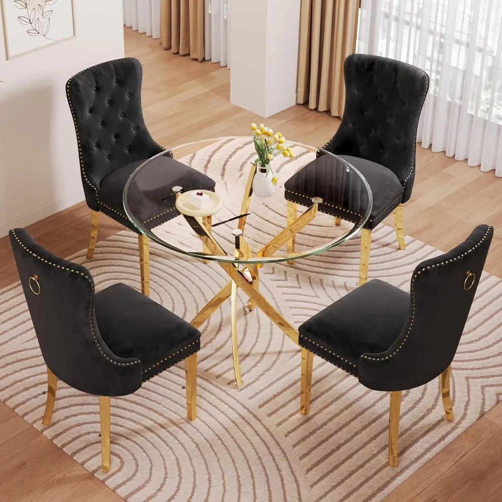 Glass Dining Table Set, 5-Piece Round Tempered Glass Kitchen Table Set with 4 Velvet Upholstered Dining Chairs