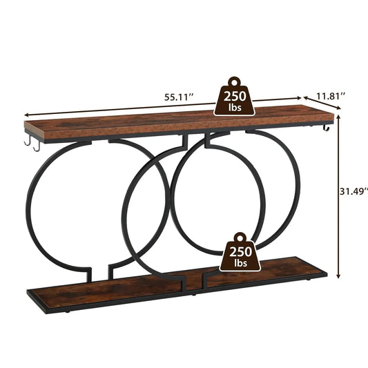 55in Narrow Console Table Wood Circle Base Storage Shelf