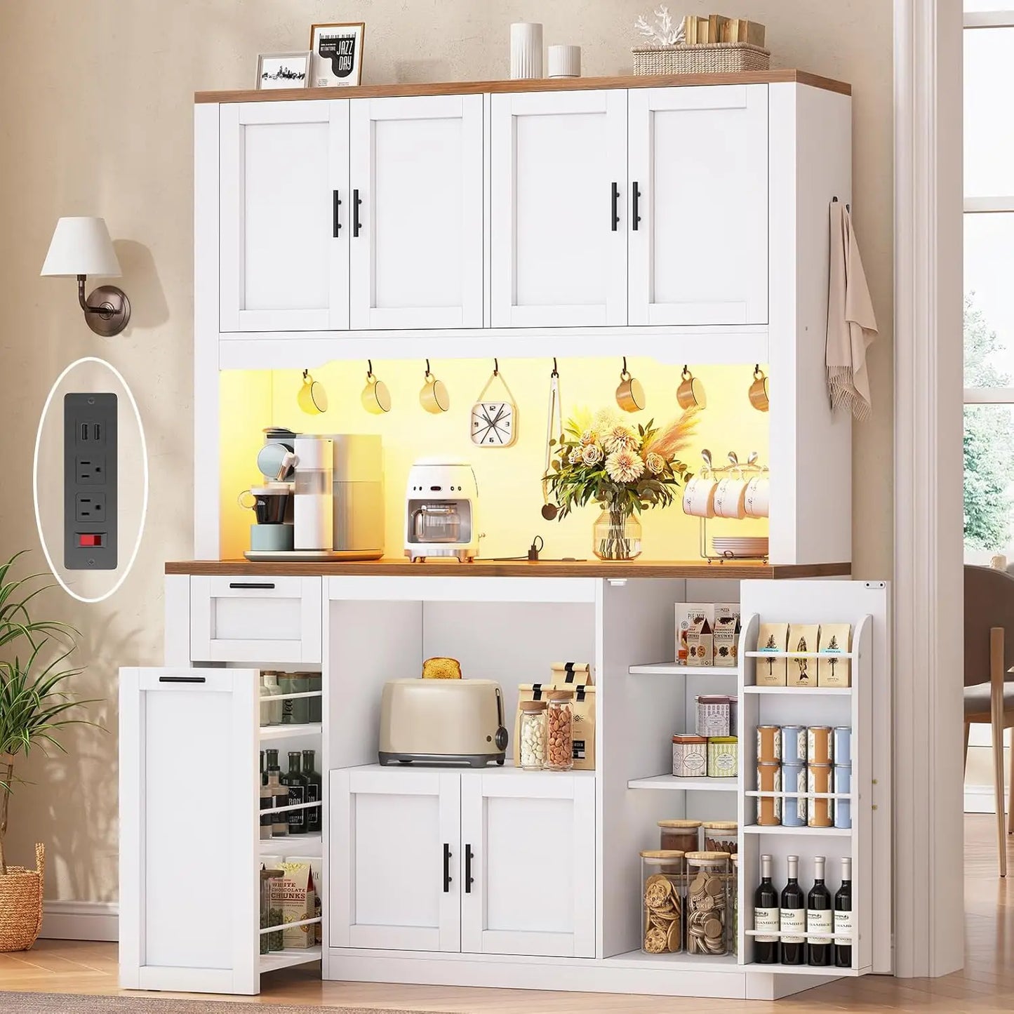 71" Pantry Cabinet with Charging Station and LED Light, Kitchen Pantry Cabinet with Microwave Stand, 47.2" Wide,