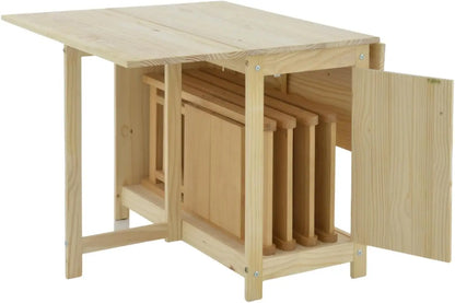 Solid, Natural, Unfinished Wood Folding Dining Table &Chair Set - Drop Leaf Design - Space-Saving,  with Storage