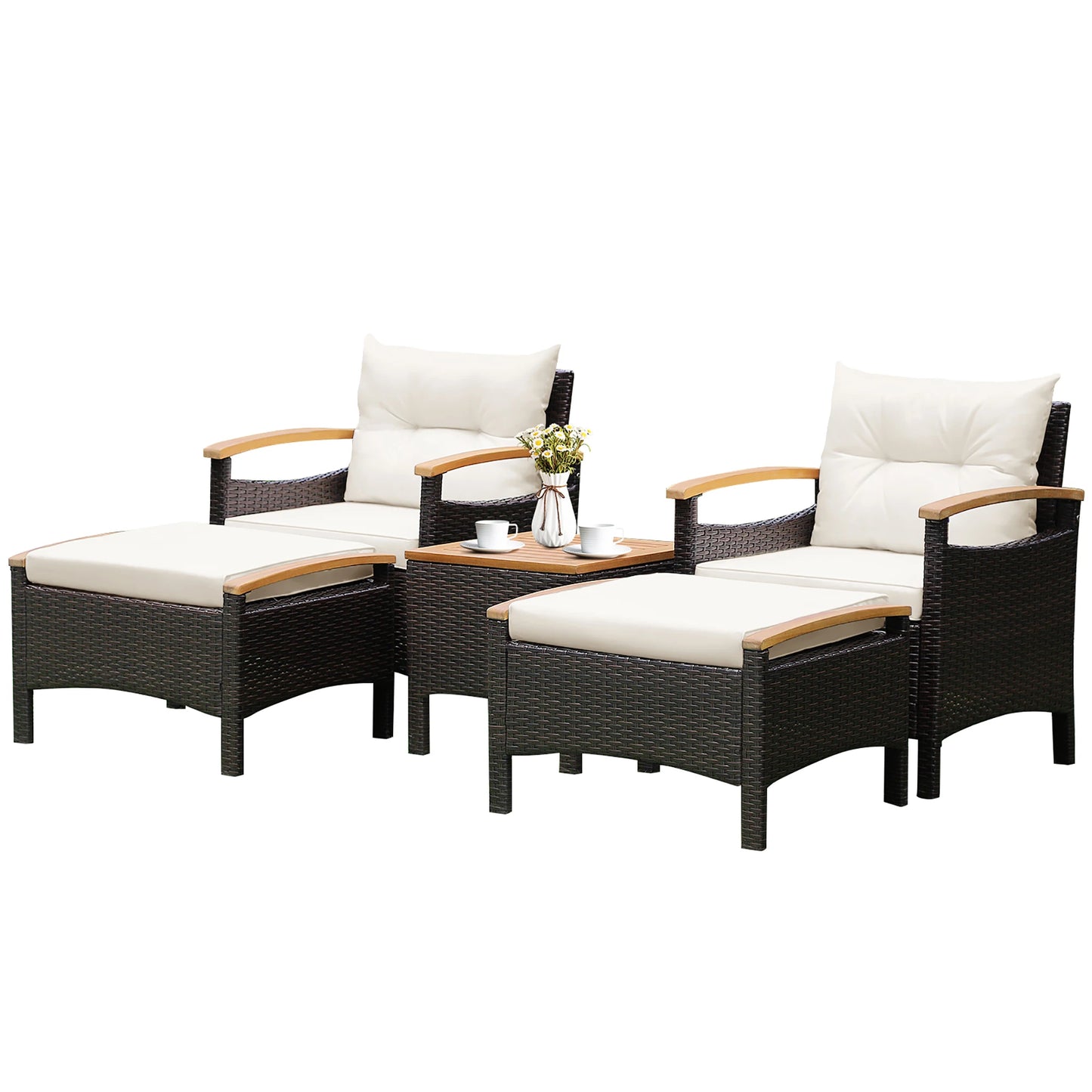 5PCS Patio Rattan Furniture Set, Sofa Ottoman Cushioned, Table W/Wood Top