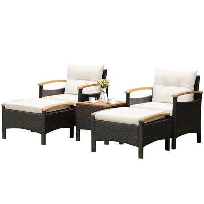 5PCS Patio Rattan Furniture Set, Sofa Ottoman Cushioned, Table W/Wood Top