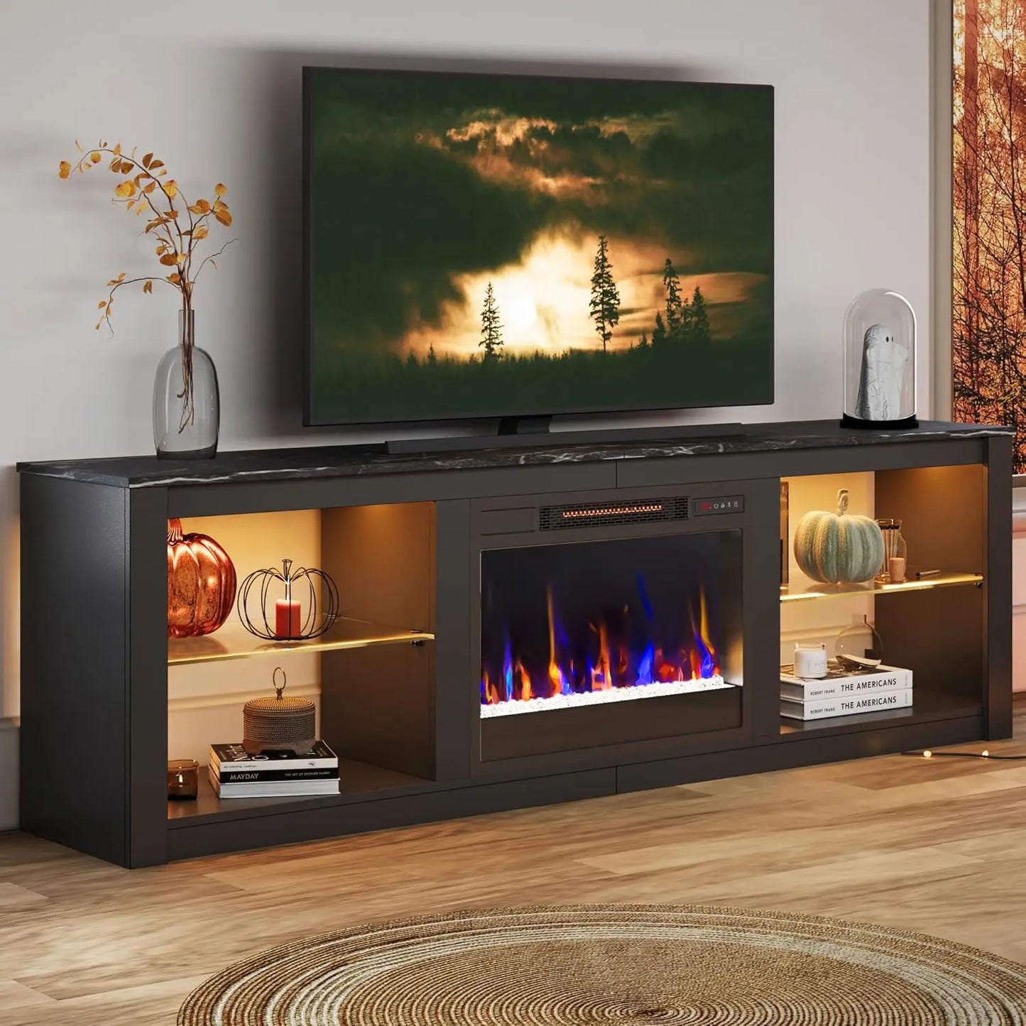 Fireplace TV Stand for 75 inch TV with 23 inch Electric Fireplace, 70 inch Entertainment Center  with LED Light