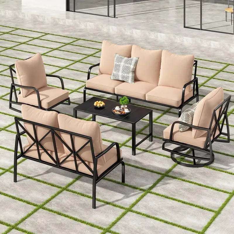 5-Pc Outdoor Patio Furniture Set: 2 Swivel Chairs, 3-Seat Sofa, 2-Seat Sofa, Coffee Table, Metal, for Porch,