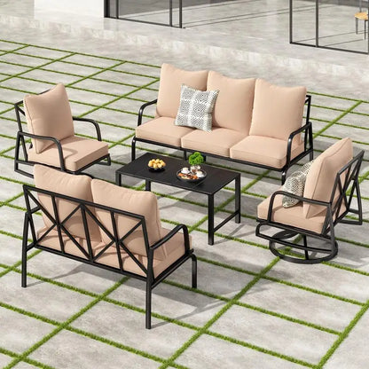 5-Pc Outdoor Patio Furniture Set: 2 Swivel Chairs, 3-Seat Sofa, 2-Seat Sofa, Coffee Table, Metal, for Porch,