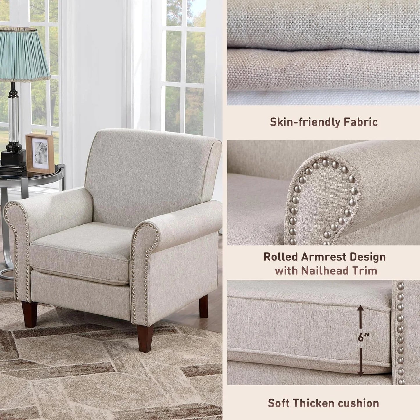 Upholstered, Chair Set of 2 - Large Comfy Fabric Accent Chair,  with Cushion, Rolled Armrest