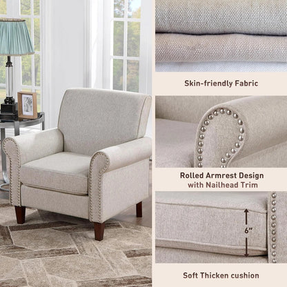 Upholstered, Chair Set of 2 - Large Comfy Fabric Accent Chair,  with Cushion, Rolled Armrest