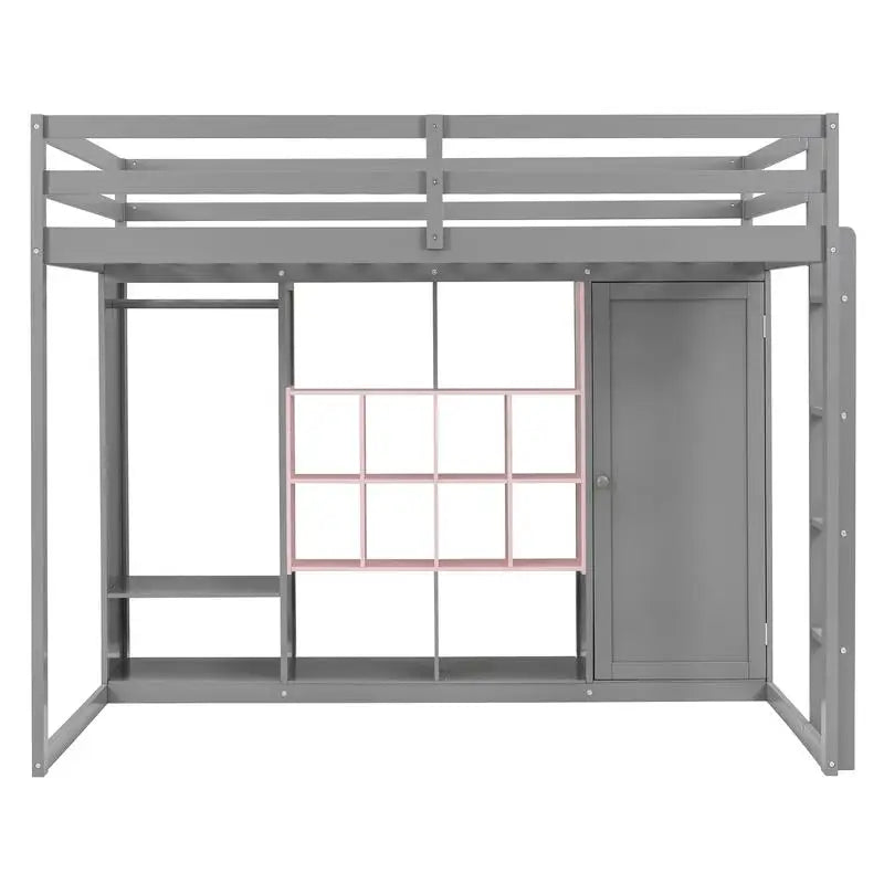 Full-Size Wood Loft Bed with Wardrobe, Shelves, and Storage Cabinet, Gray and Pink