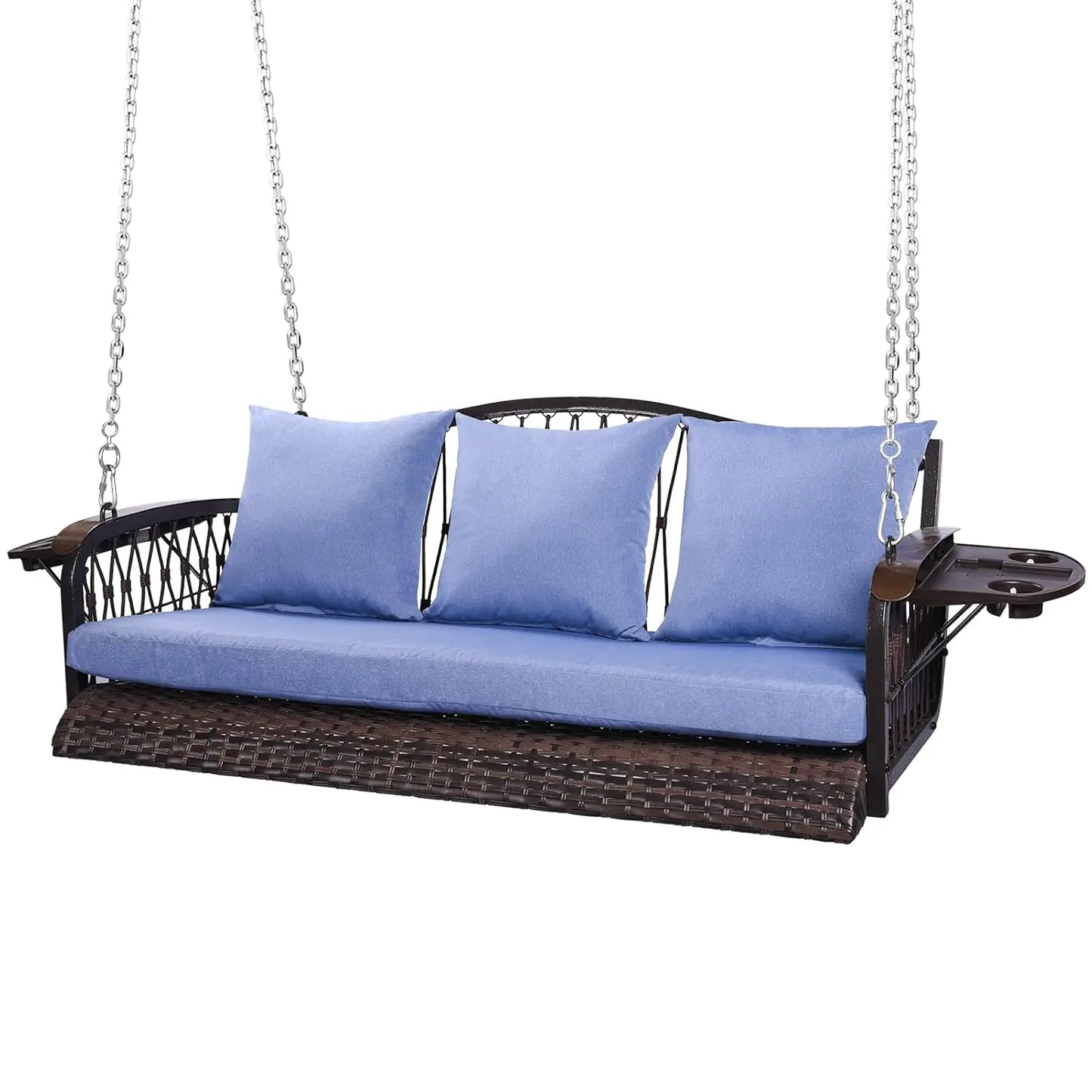 Wicker Porch Swing Heavy Duty 900 LBS 3-Seat Outdoor Patio Swing Chair with Cushions & 8.9ft Chains Outdoor Hanging,