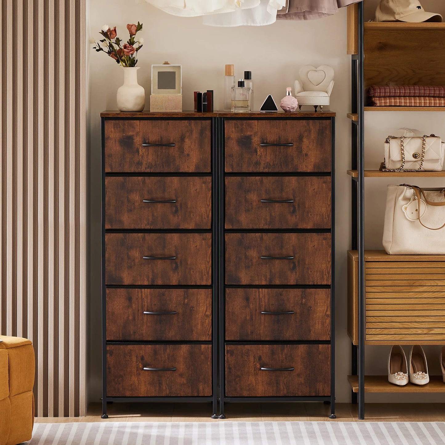 48 IN. Dresser For Bedroom With 5 Fabric Drawers ,Wardrobe, Steel Frame, Storage Cabinet