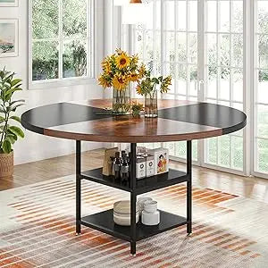 Round Dining Table for 4 People with 2-Tier Storage Shelves