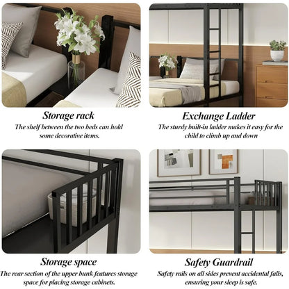 triple bunk bed with detachable twin over twin over twin metal frame, guardrails, ladder, and storage solutions