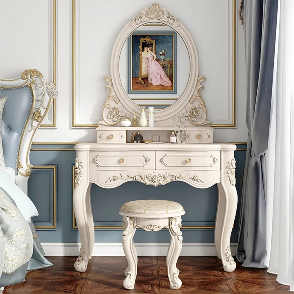 LED Makeup Vanity Desk with 3-Color Light Mirror, Storage Drawers & Stool, White Dressing Table