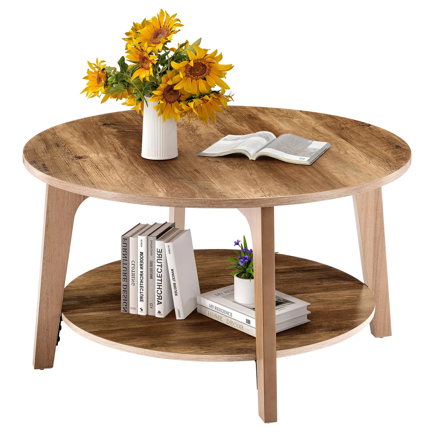 32IN Wood Round Coffee Table  2-Tier Center Counter with Storage 50 lbs Capacity