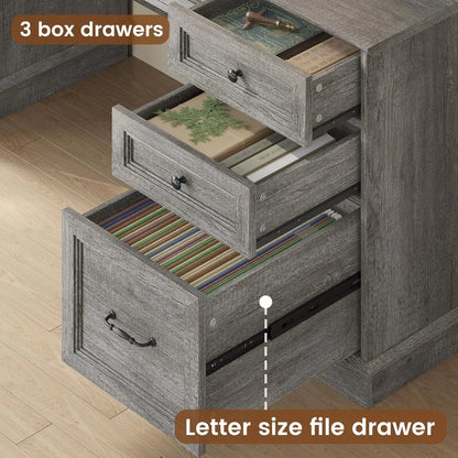 Farmhouse Executive Desk with Drawers Computer Desk with File Drawers, Power Outlet and Led Lights, Executive Office Desk