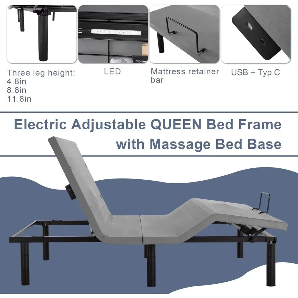 Adjustable Electric Split King Bed Base Frame with Massage, USB Type-C Ports, Zero Gravity, Under Bed Led Lighting
