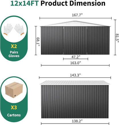 12x14 FT Outdoor Storage Shed, Garden Shed with Updated Frame Structure , Metal Tool Sheds
