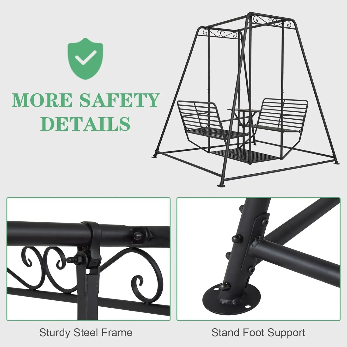 Outdoor Patio Swing Chair with Stand and Table, Hanging Swings with Heavy-Duty Steel Frame, Anti-Rust