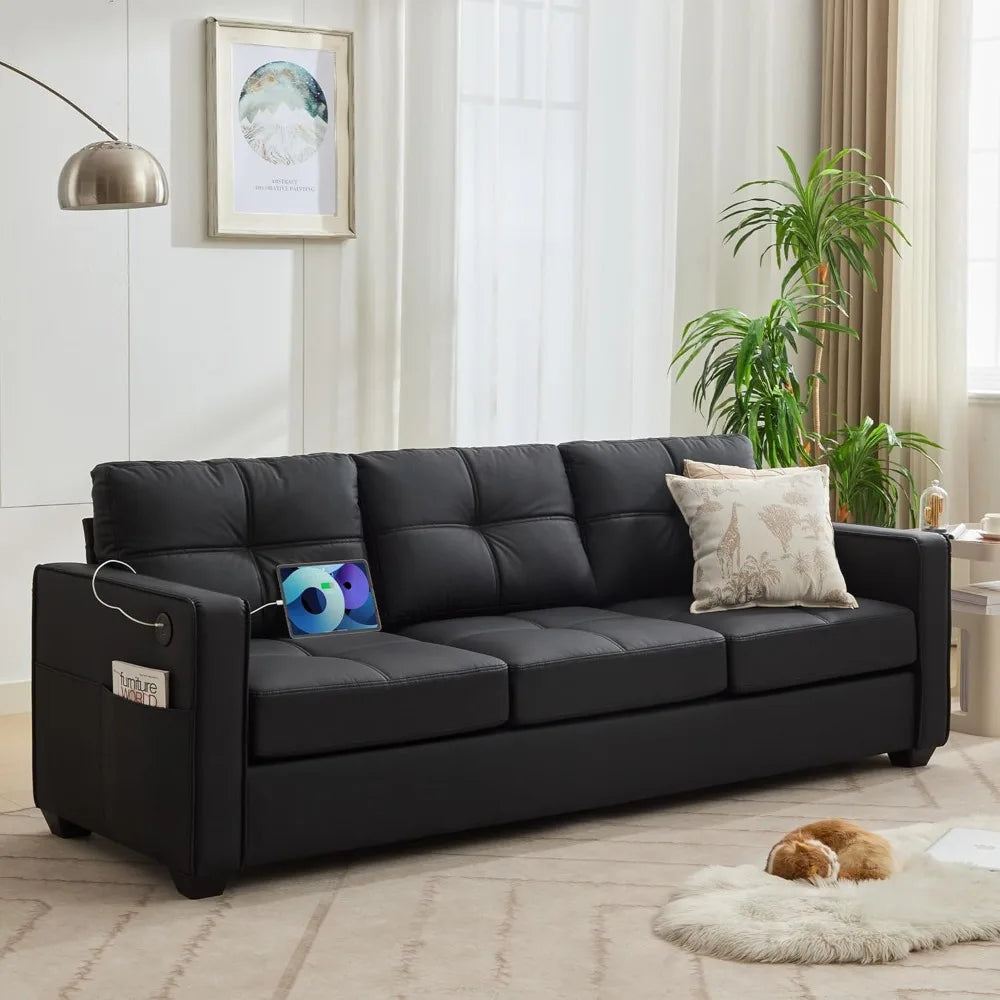 88" W Faux Leather Sofa – for Living Room, Comfy Small Loveseat with USB Port & Wide Armrests