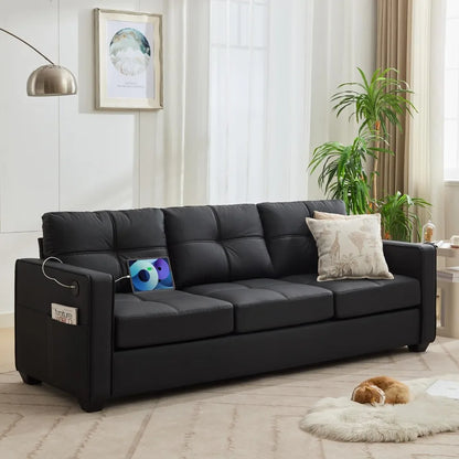 88" W Faux Leather Sofa – for Living Room, Comfy Small Loveseat with USB Port & Wide Armrests