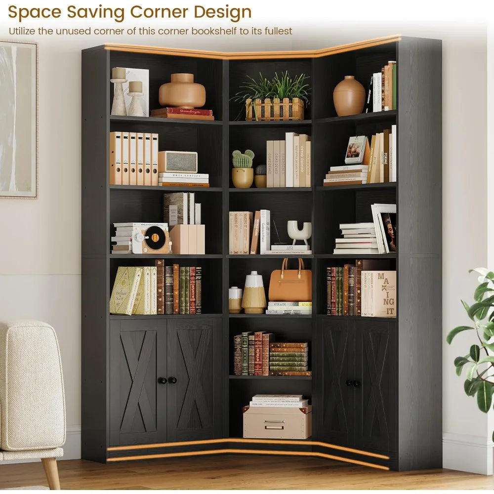 Large Corner Bookshelf with 2 Doors and Storage Cabinets, L-Shaped 7 Tiers Bookcase, 71” Tall