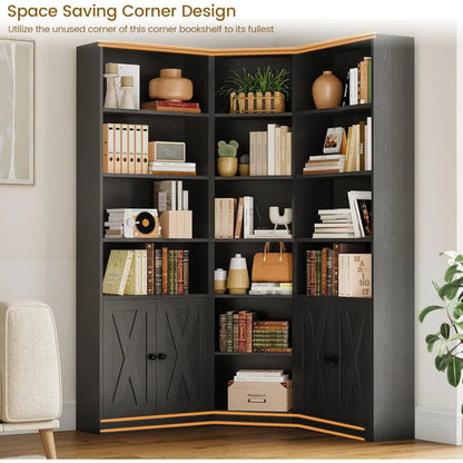 Large Corner Bookshelf with 2 Doors and Storage Cabinets, L-Shaped 7 Tiers Bookcase, 71” Tall