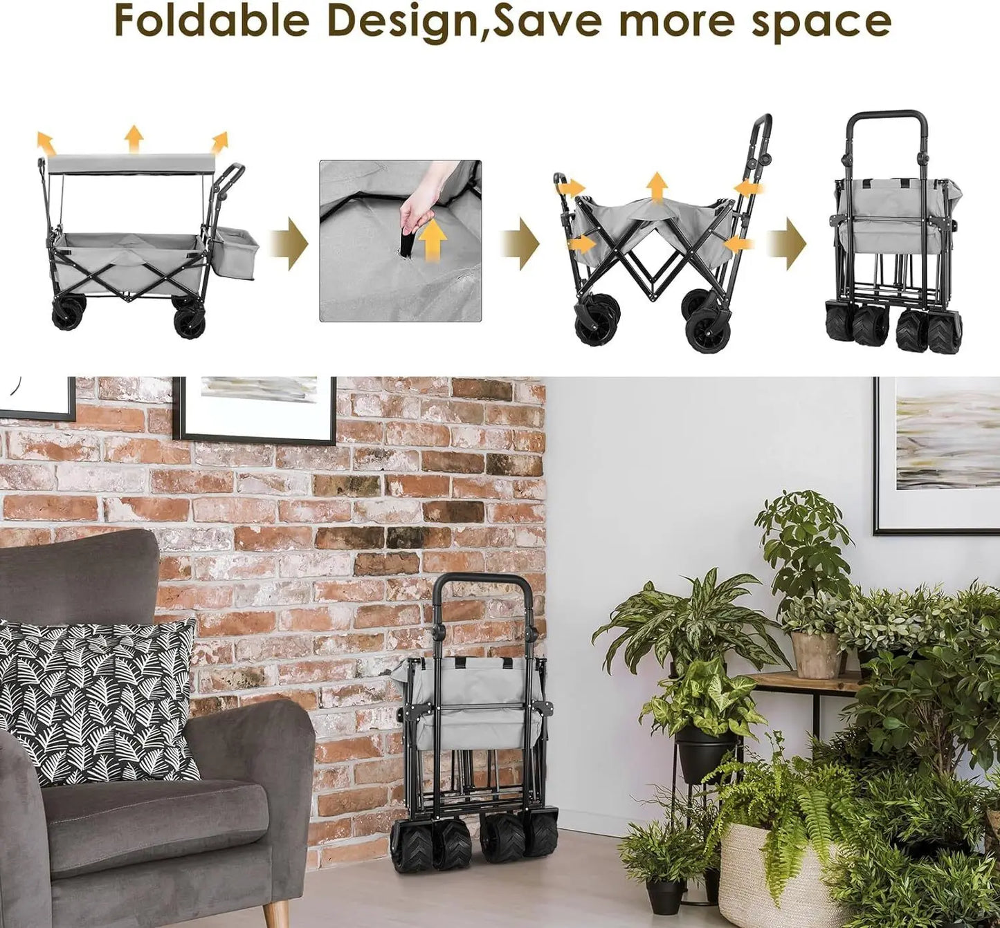 Collapsible Garden Cart Wagon with Removable Canopy,  Push& Pull  Wagon Off-road wheel