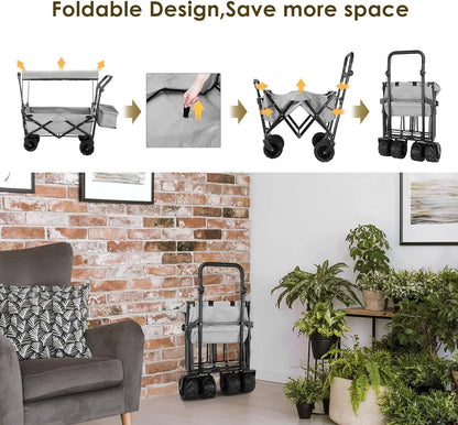 Collapsible Garden Cart Wagon with Removable Canopy,  Push& Pull  Wagon Off-road wheel