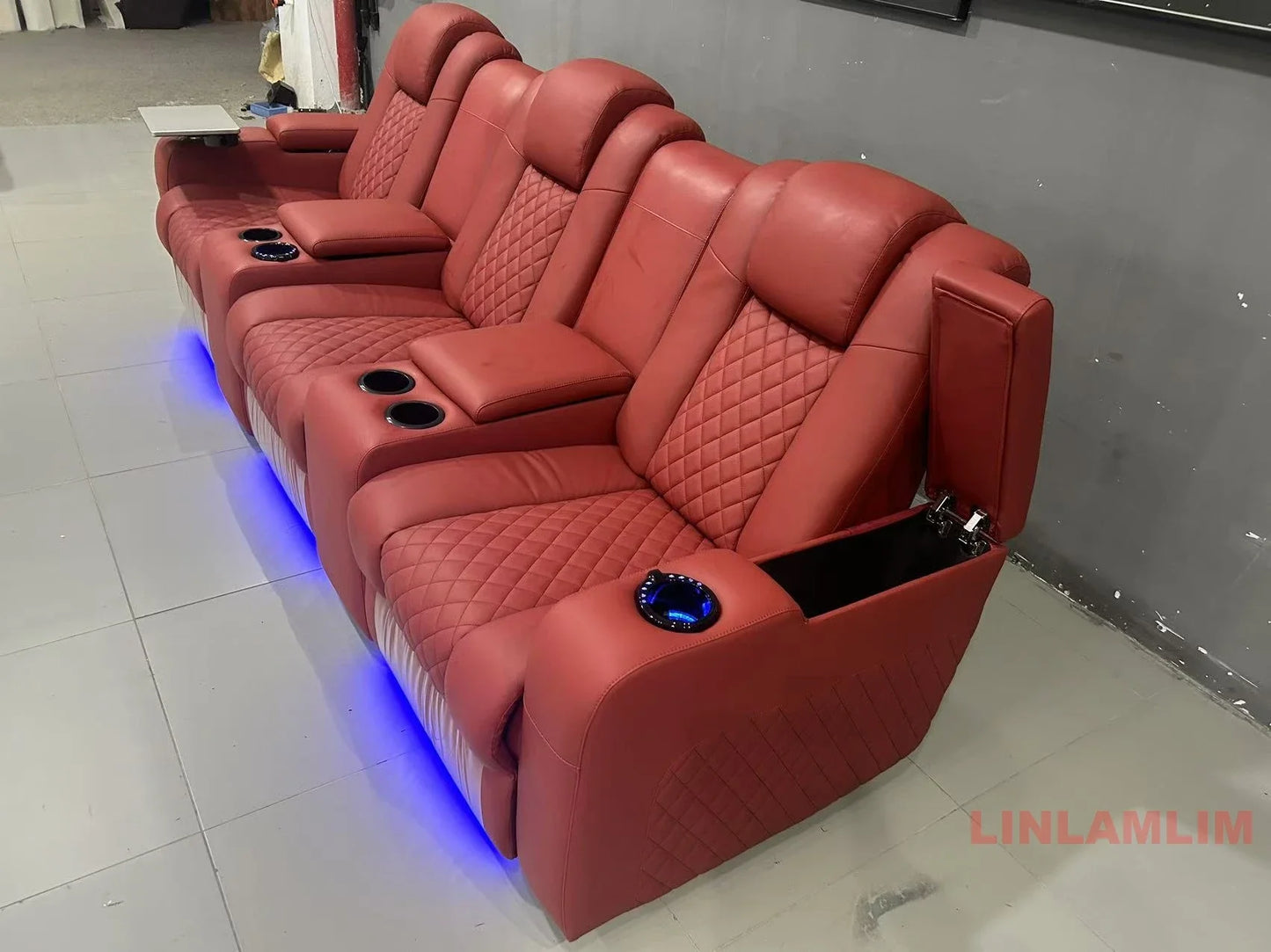 Luxury 3-Seat Recliner Sofa with Cup Holders, Leather Home Theater Seating, Cinema Recliner Couch with Center Console