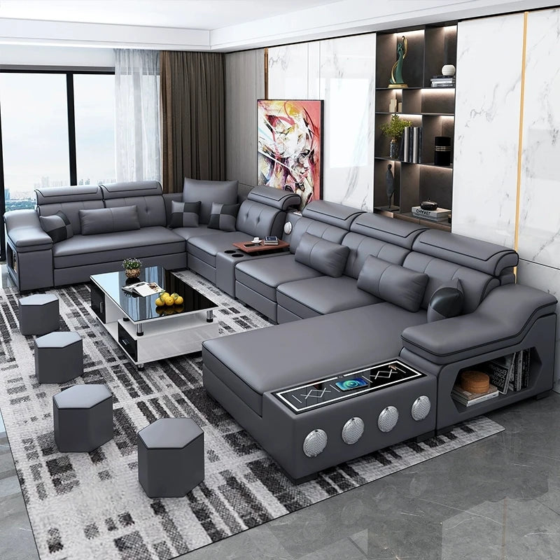 Sectional Sofa Set with Chaise Lounge, Bluetooth Speakers, and USB Charging Ports