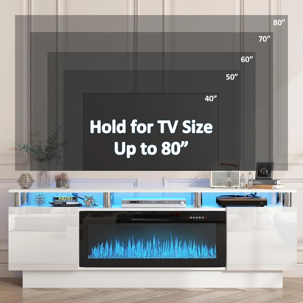 Fireplace TV Stand with 36" Electric Fireplace, 70" LED Light Entertainment Center with Storage,2 Tier Modern Wood Media TV Console