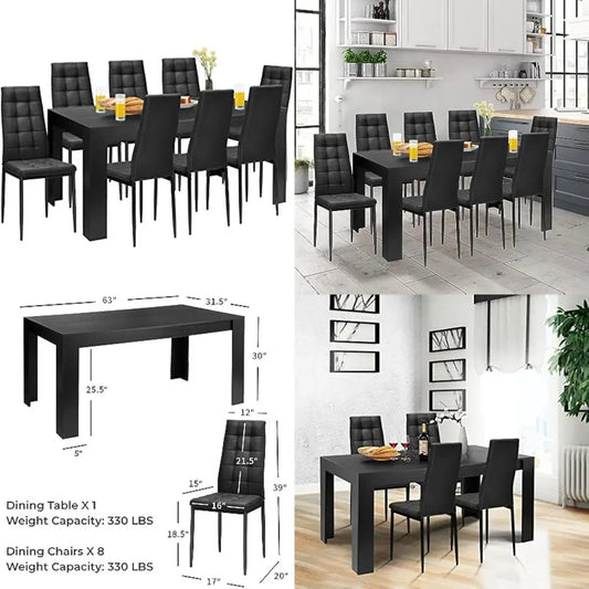 9-Piece Dining Set: Wooden Table with 8 Padded Chairs for Kitchen Dining