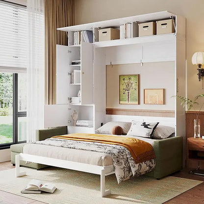 Queen Murphy Bed with Sofa and Shelves, Beige Wall Bed System for Space Saving Solution