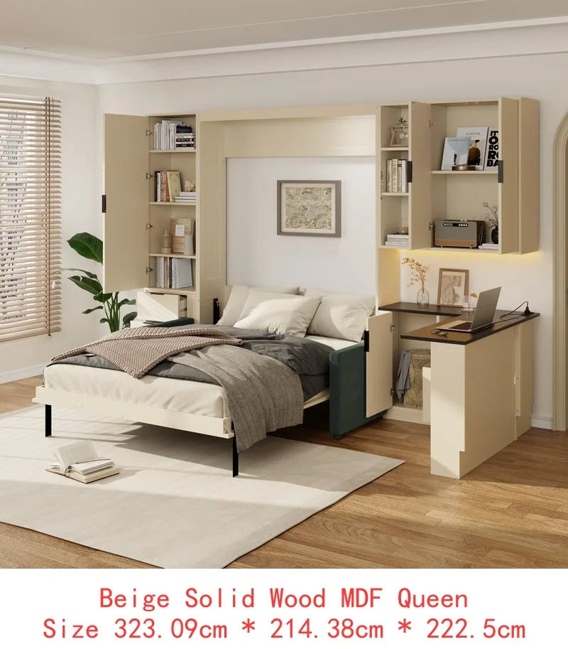 Queen Murphy Bed with Hydraulic, Storage, Sofa, Shelves & Drawers, LED/USB Lights, Beige Panel, Green Couch