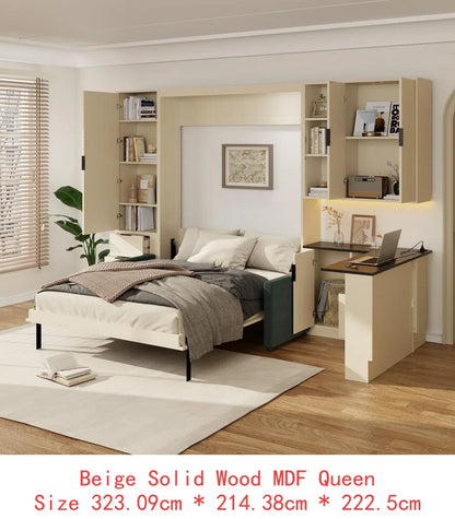 Queen Murphy Bed with Hydraulic, Storage, Sofa, Shelves & Drawers, LED/USB Lights, Beige Panel, Green Couch