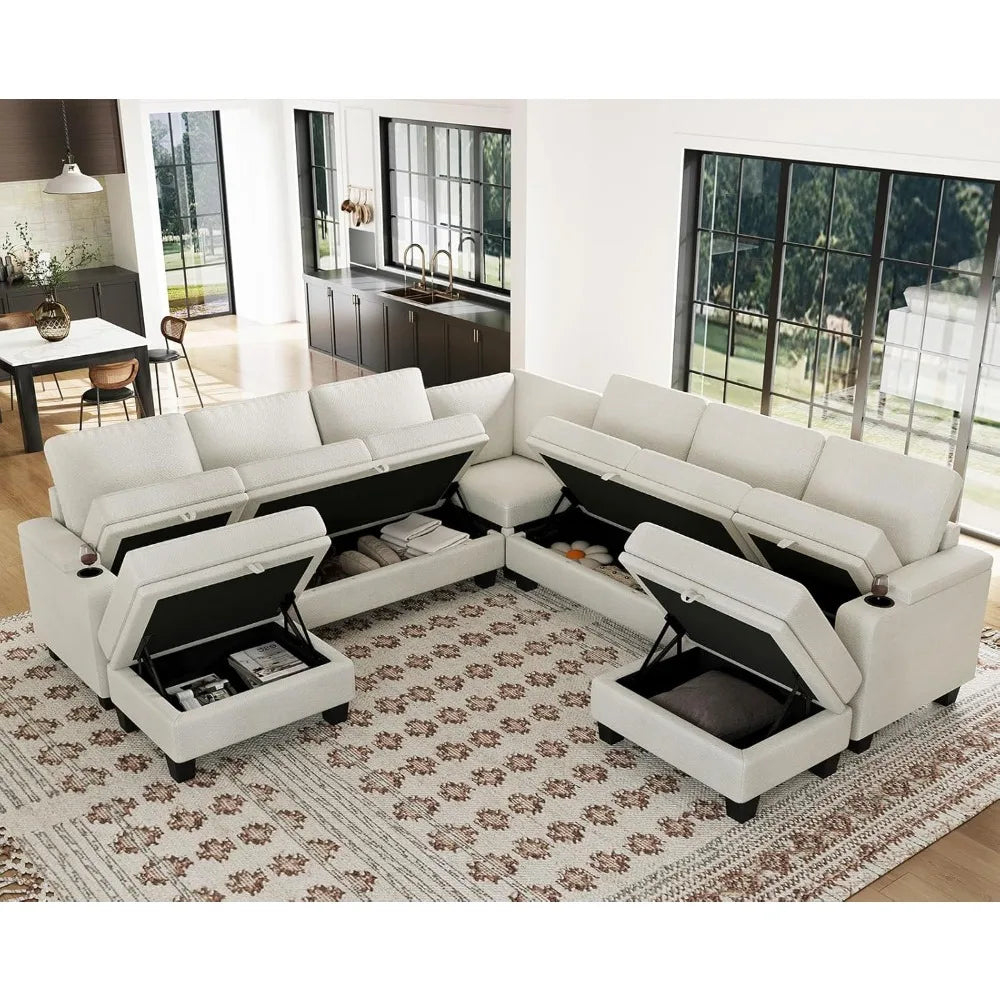 Sectional Sofa Couch with Storage U Shape Convertible Corner Couches, White