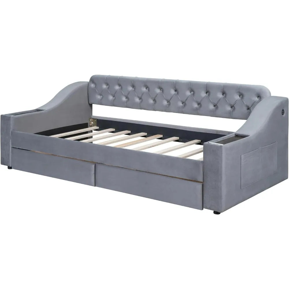 Twin Size Daybed with Upholstered Storage Armrests, USB Charging Port, and Wood Slat Support, Including 2 Drawers