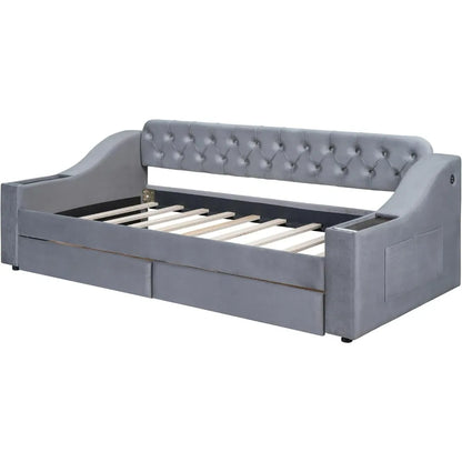Twin Size Daybed with Upholstered Storage Armrests, USB Charging Port, and Wood Slat Support, Including 2 Drawers