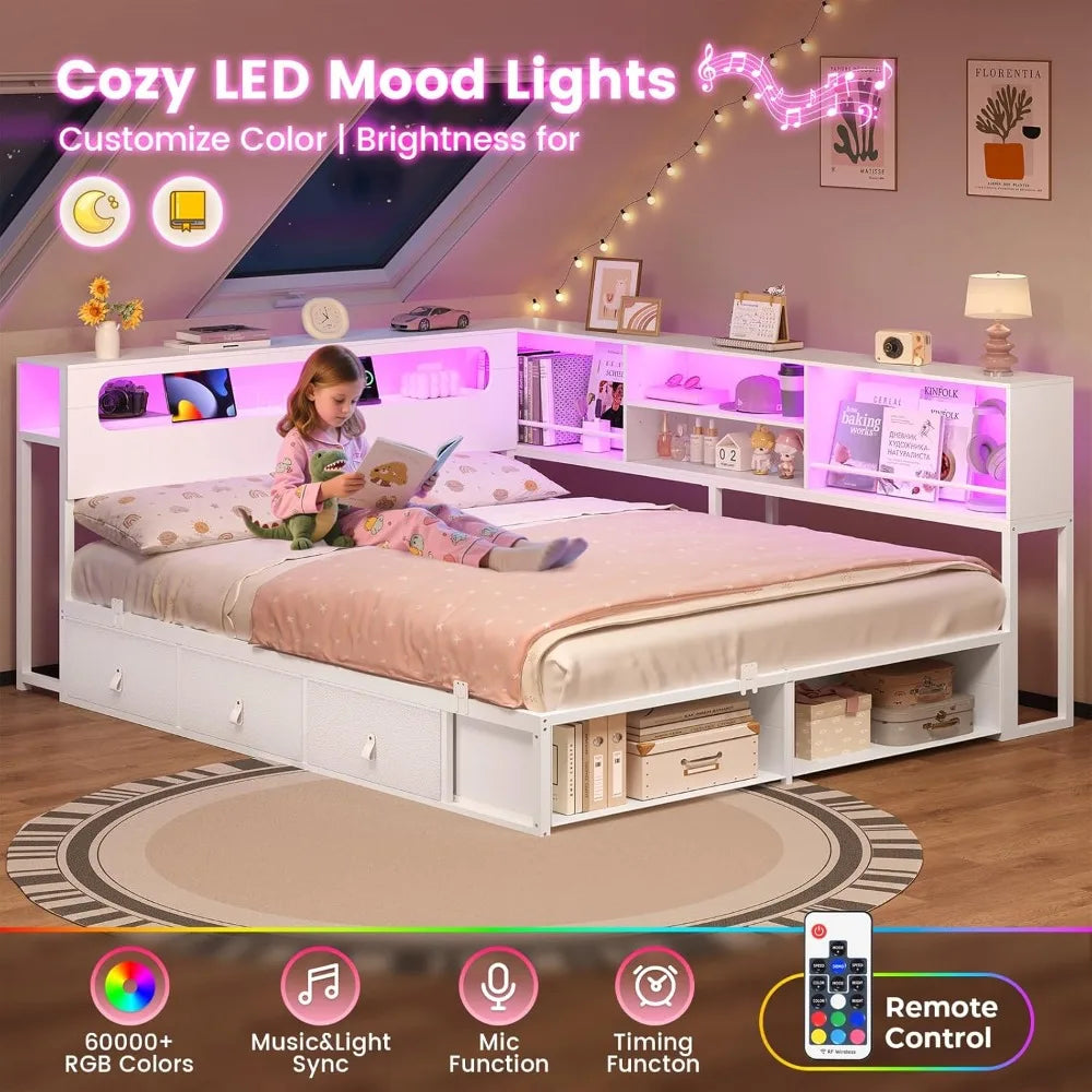 twin corner bed frame with bookcase storage & led light headboard, metal daybed with 3 drawers & 2 open cubbiies