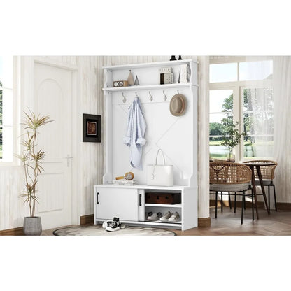 Entryway Hall Tree with Bench and Shoe Storage, Coat Rack with Bench Shelf Hooks, Shoe Storage with Slide Doors