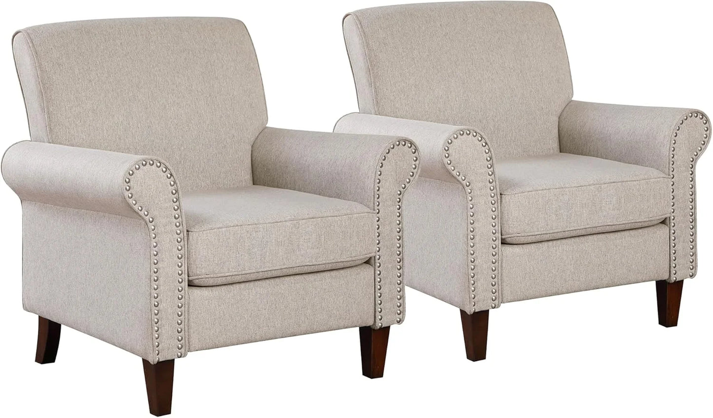 Upholstered, Chair Set of 2 - Large Comfy Fabric Accent Chair,  with Cushion, Rolled Armrest