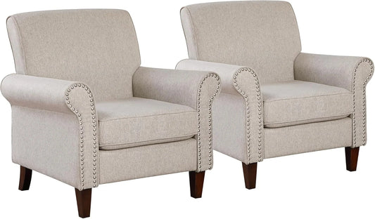 Upholstered, Chair Set of 2 - Large Comfy Fabric Accent Chair,  with Cushion, Rolled Armrest