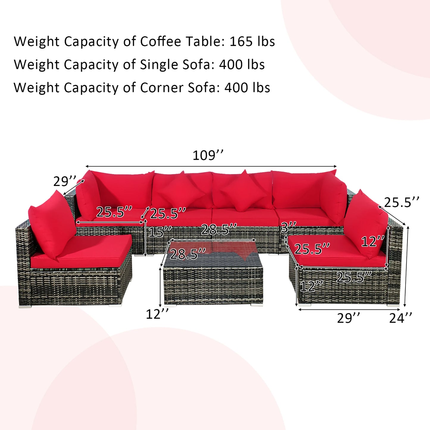 7PCS Patio, Rattan Furniture Set Sectional Sofa,  Red Cushion